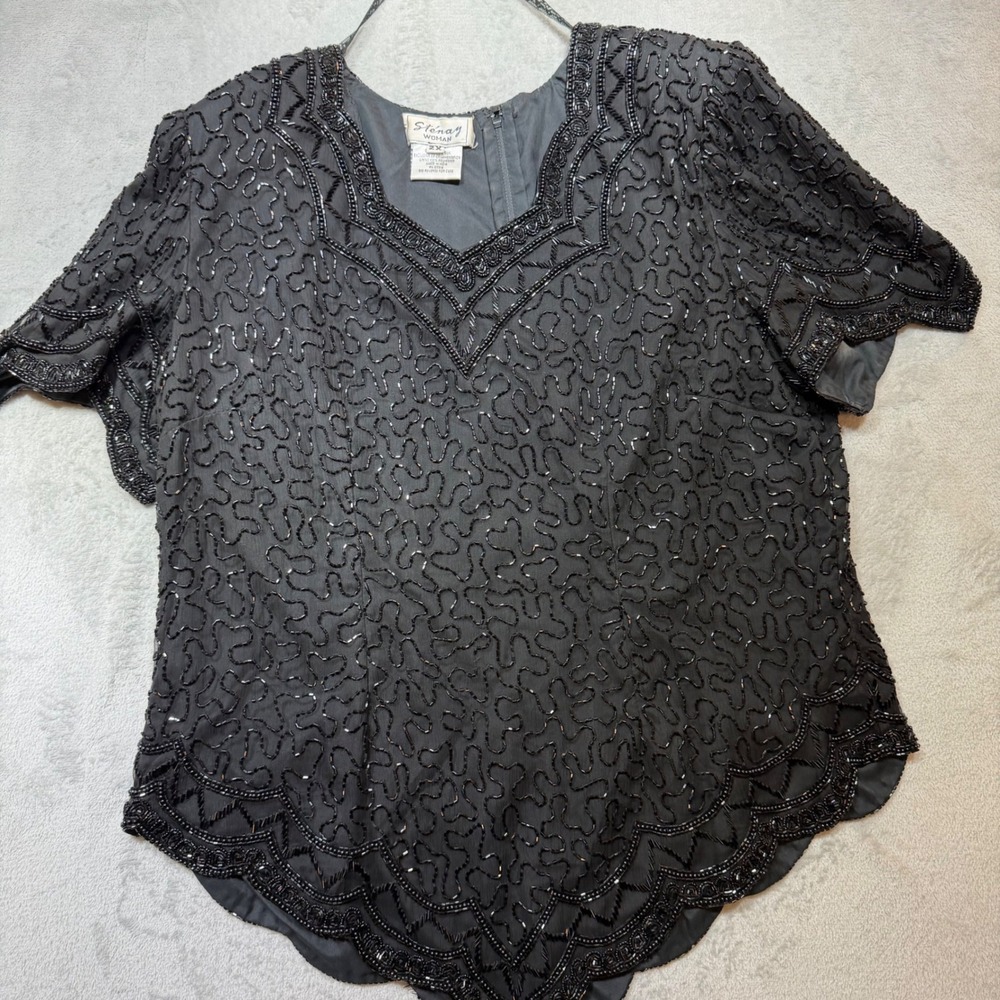 Vintage Black Beaded Silk Blouse‎ V-Neck Scalloped Hem Evening Top Plus Size 2X